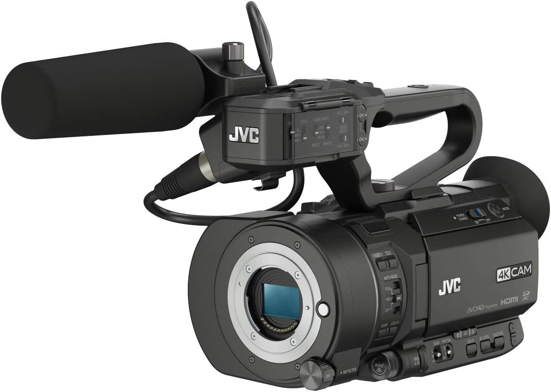 Front-side view of JVC GY-LS300CHU camcorder with top handle and microphone