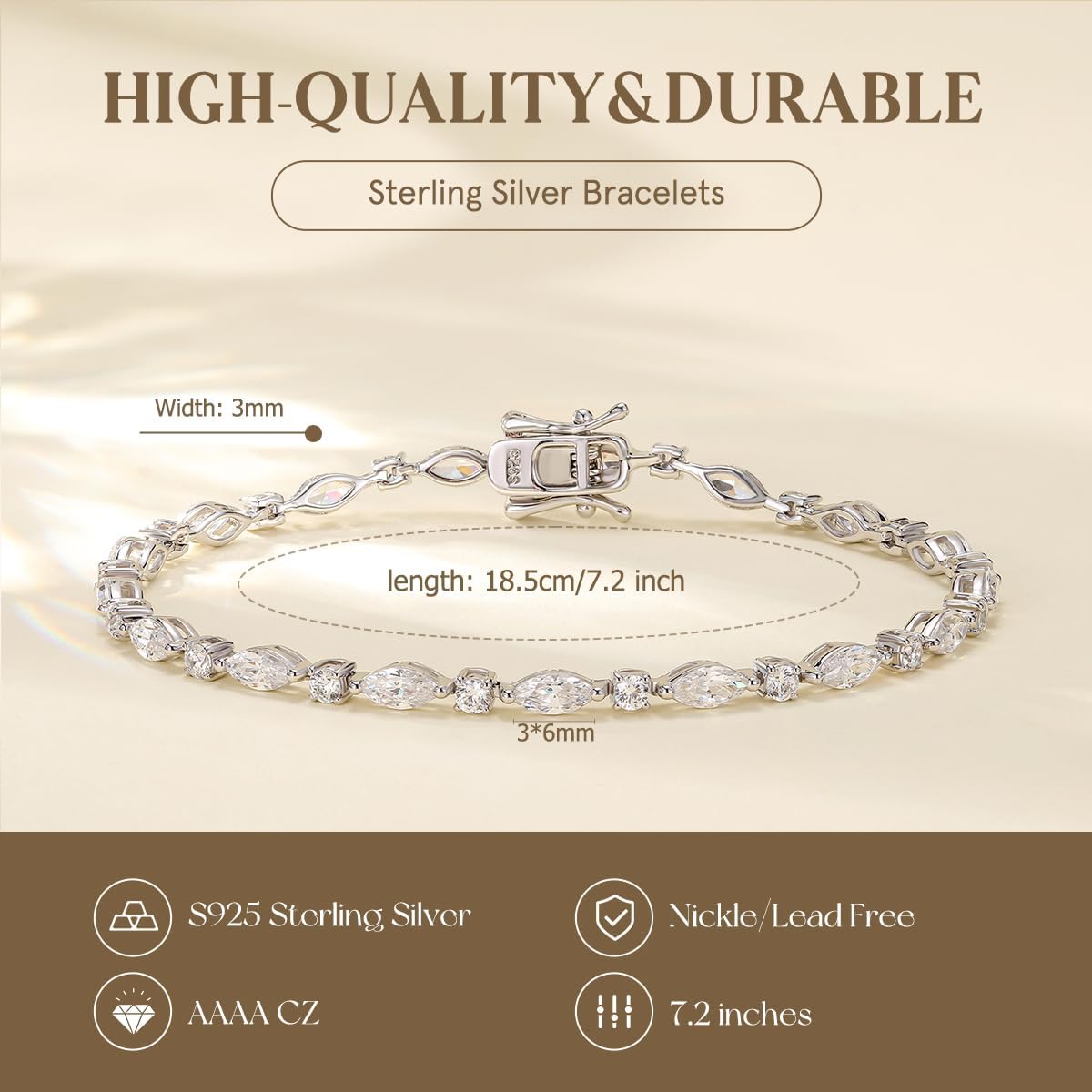 FANCIME Marquise Melody Tennis Bracelets Sterling Silver 3mm CZ Bracelets Charm Fine Jewelry Birthday Gifts for Women 7.2" - Image 4