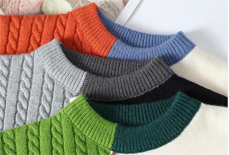 Autumn and Winter Mens Cable Knit Sweater Loose Fit Crewneck Color Block Long Sleeve Pullovers Tops3