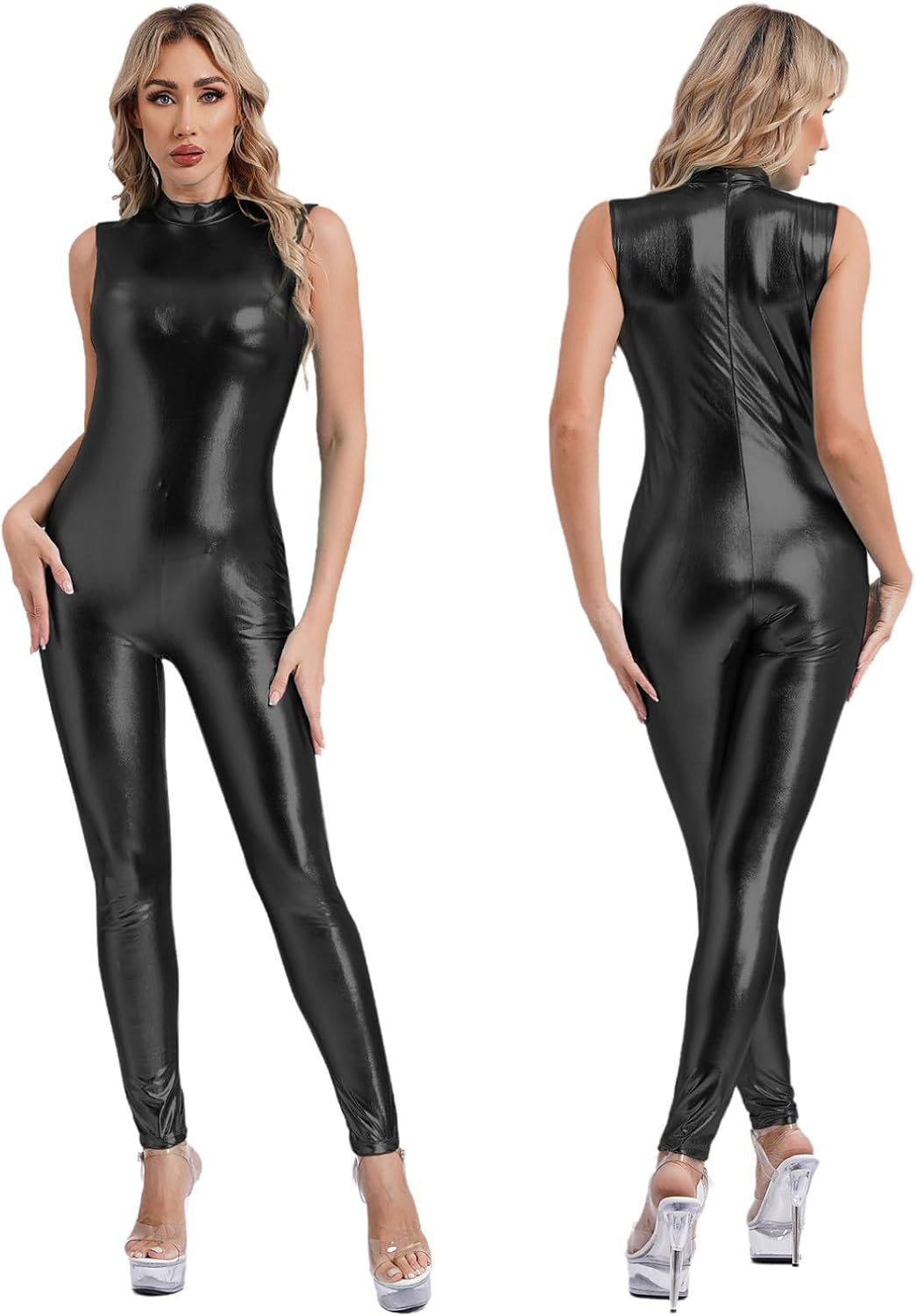 iiniim Womens Mock Neck Sleeveless Bodycon Jumpsuit Metallic Shiny Dance Costume Gymnastics Leotard