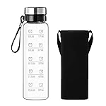 RNCKUUE 1 Liter Glass Water Bottle - 32 oz Large Borosilicate Wide Mouth Glass Drinking Bottles With Time Marking, Sleeve, BPA Free