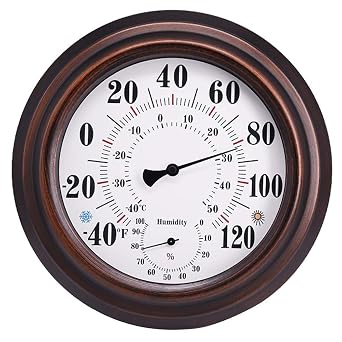 Indoor Outdoor Thermometer Hygrometer - 8" Bronze Steel Wall Thermometer Hygrometer for Patio, Wall or Decorative, No Battery Needed Hanging Thermometer