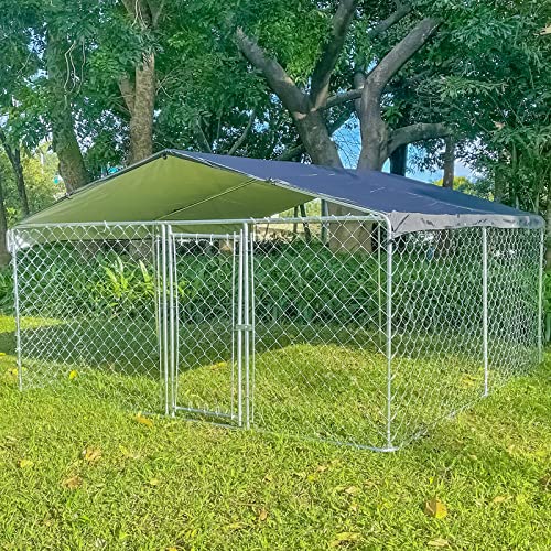 Outdoor-Dog-Kennel-with-Roof-Dog-House-Steel-Fence-with-Waterproof-UV-Resistant-Cover-Dog-Enclosures-for-Backyard-Farm-Use98-98-56FT - Cucciolini Doodles   Outdoor-Dog-Kennel-with-Roof-Dog-House-Steel-Fence-with-Waterproof-UV-Resistant-Cover-Dog-Enclosures-for-Backyard-Farm-Use98-98-56FT