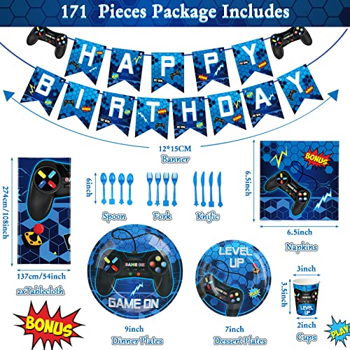 Tiamon 172 Pcs Video Game Party Decoration Set Happy Birthday Banner Gamer Supplies Plastic Tablecloth Paper Plates Tableware for Player Birthday Pack, Serving 24 Guests(Blue)