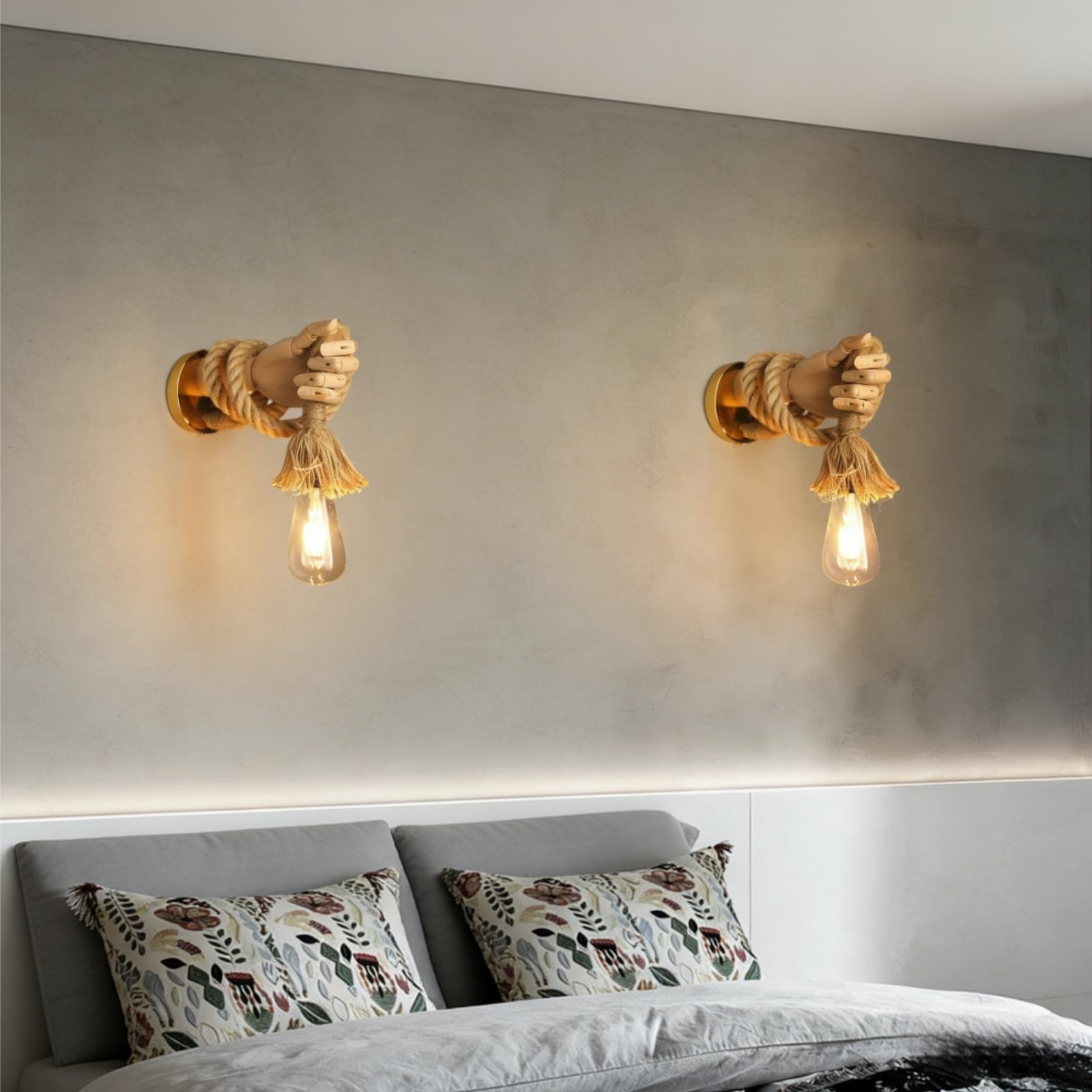 Aplique de Pared de Madera, Lámpara Iluminación en Forma de Mano, E27 Rústico Lampara de Pared Cuerda de Cáñamo para Dormitorio,Salón,Pasillo (Mano Izquierda)