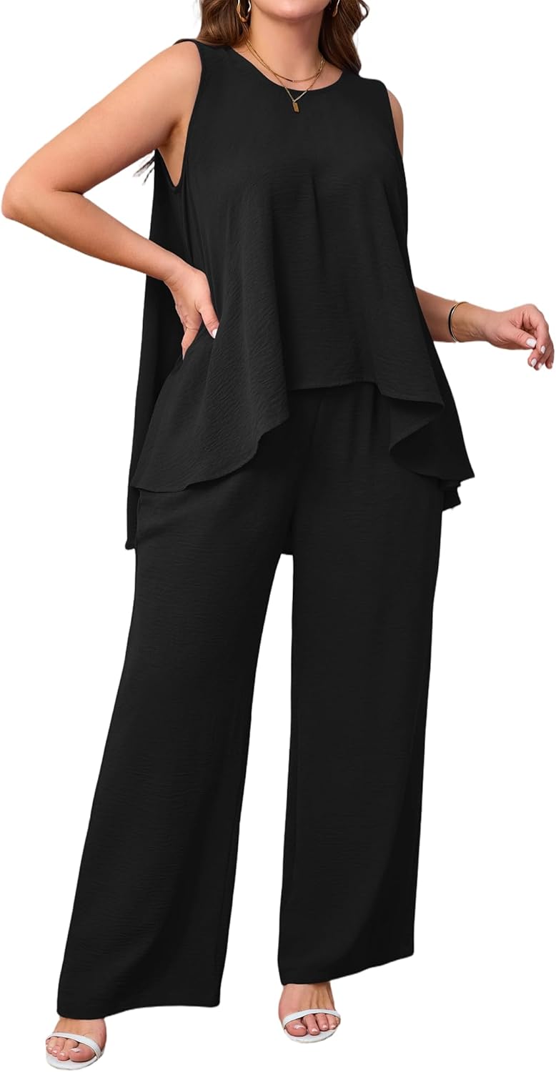 Women's Two Piece Lounge Sets Round Neck Ruffle Tank Top Wide Leg Pants Set Travel Beach Summer Outfits