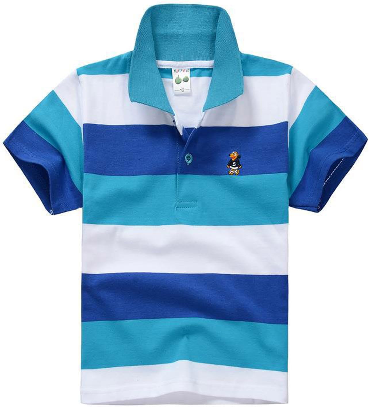 Boys' Striped Polo Shirts Cute Cartoon Dog Graphic Soft Uniform Tops Short Sleeve Lapel Collar Button Closure Golf T Shirts