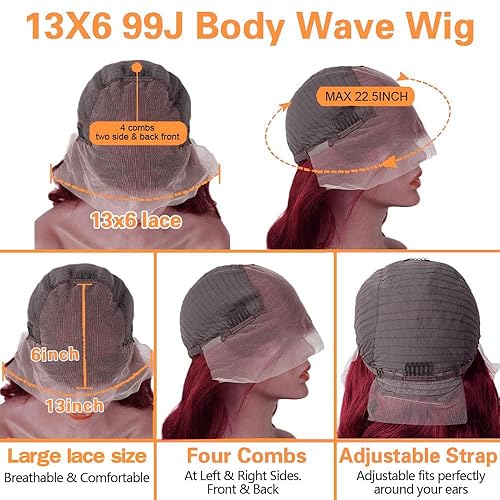 Miniatura 5 de Pelucas de cabello humano con encaje frontal color borgoña 99j prearrancadas de 13 x 6 pulgadas, pelucas de cabello humano para mujeres negras,