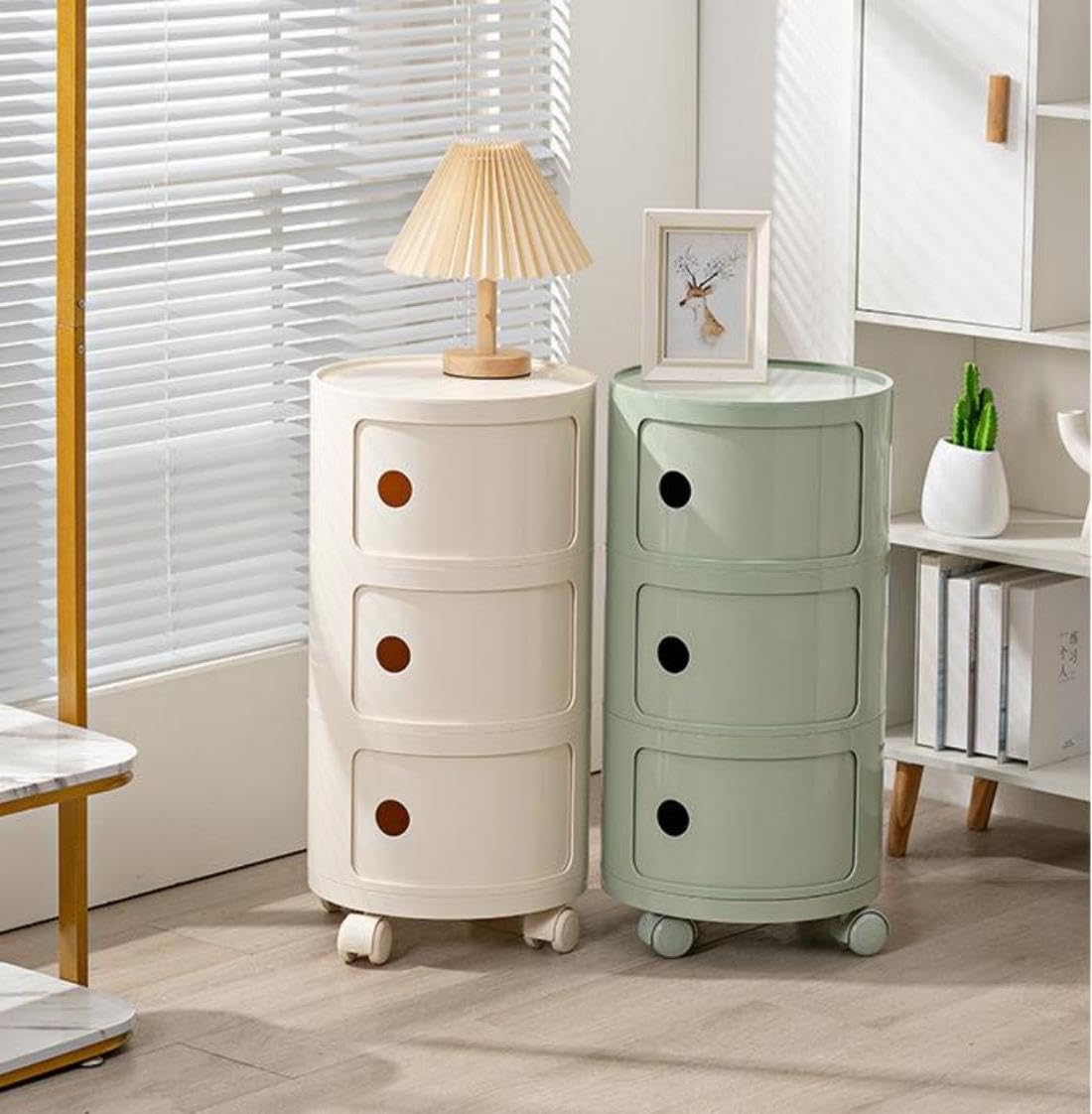 SXZenSpace 3-Tier Round Rolling Armoire, Stackable Side Table with Sliding Doors, Modern White Nightstand for Living Room & Bedroom, Portable Storage Solution