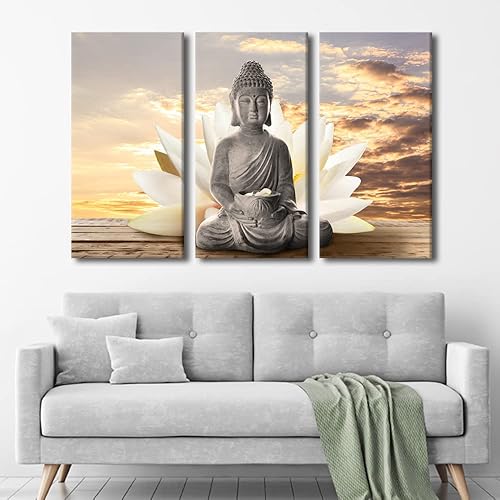 Vista 2 de TUMOVO Wall Art for Living Room Buddha Sculpture Flower Paintings Canvas Wall Art 3 Panel Wall Art Canvas Artwork Wall Decor Large Wall Decor Canvas