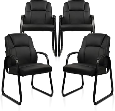 CLATINA Office Guest Chair Leather Reception Chair with Bonded Padded Arm Rest and Sled Base Desk Chair No Wheels for Reception Conference Waiting Room Side Office Home Set of 4 Black