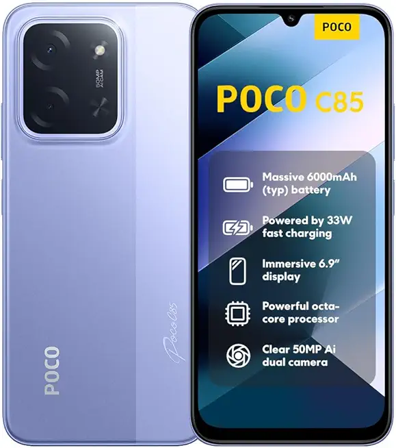 XIAOMI Poco C85, Smartphone 6+128GB, 6,9" 120Hz Display 7,99mm Design, MediaTek Helio G81-Ultra Octa-Core, 50MP AI-Zweifach-Kamera, 6000mAh, Purple, Ladegerät Nicht im Lieferumfang enthalten