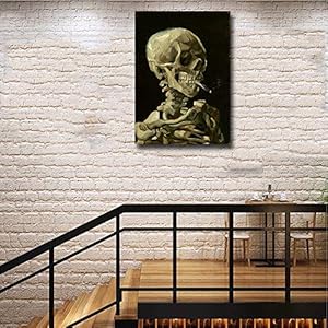 Skull of a skeleton with burning cigarette 1886 by vincent van gogh canvas prints wall art pictures reproductions artwork paintings poster with frame home decor ready to hang 20 x 28  urban country home decor