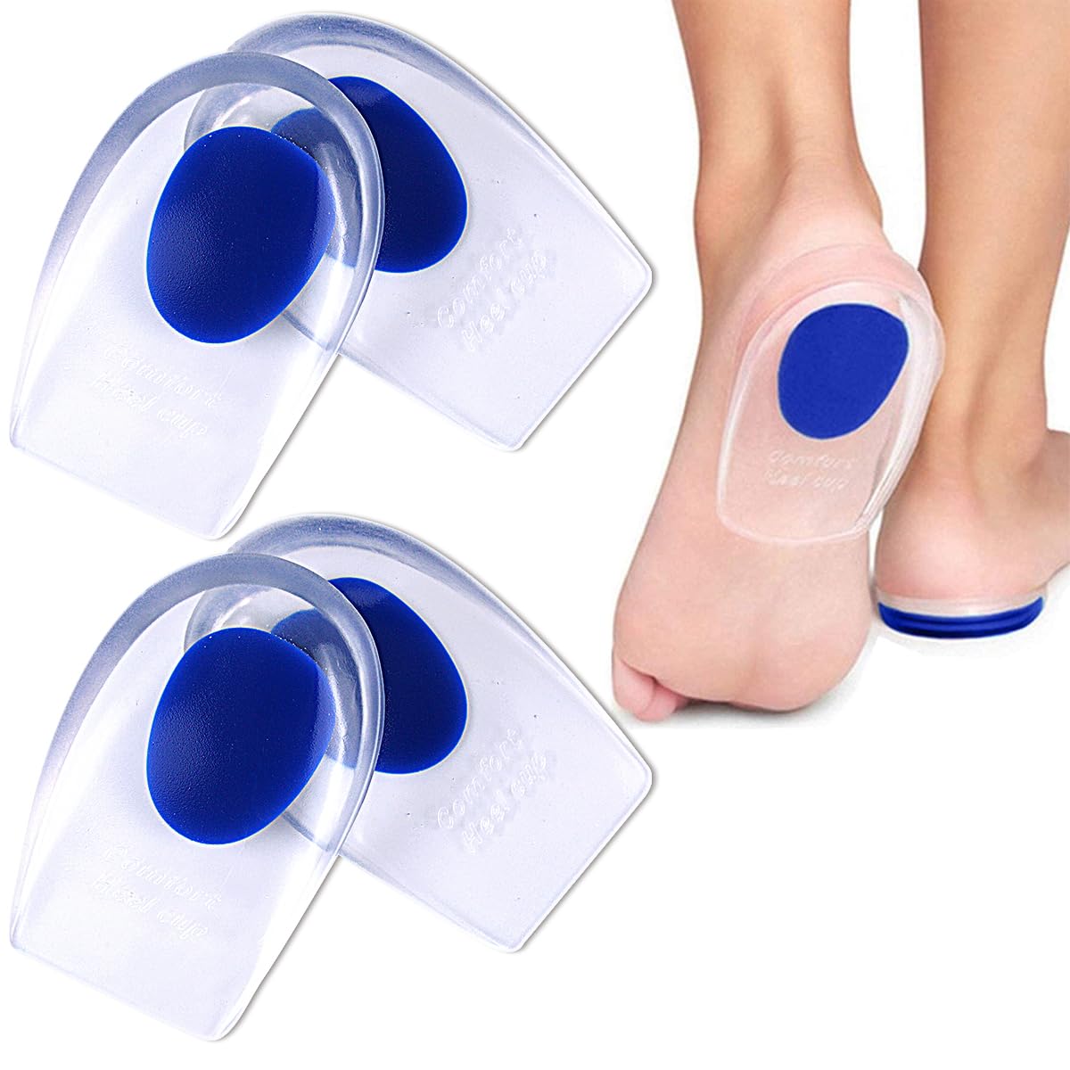 2 Pair Gel Heel Pads for Plantar Fasciitis, Blue Gel Insoles for Heels Foot Gel Cushion Pads for Heel Pain, Bone Spur & Achilles Pain (UK 7.5-12/EU 40-45)