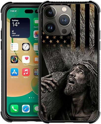 DAIZAG Funda compatible con iPhone 14 Pro Max, funda retro de Jesús con bandera de grano de madera estadounidense para iPhone 14 Pro Max, funda de