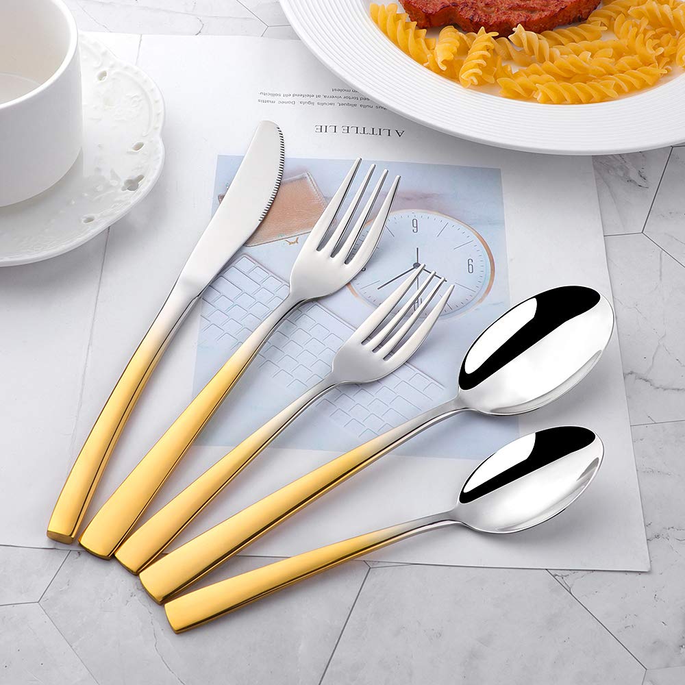 Buyer Star Gradient Gold Silverware Set 20-Pieces Stainless Steel Flatware Set Reusable Metal Dinnerware Cutlery Set