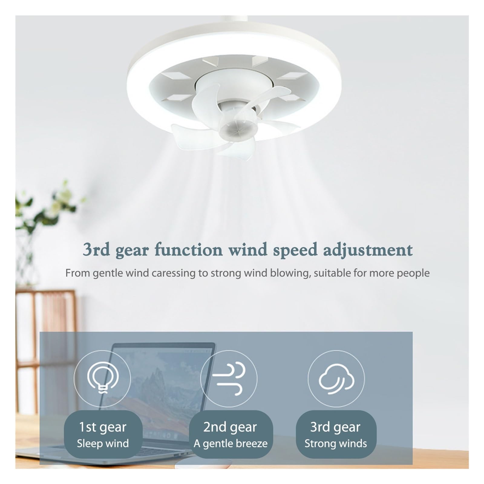 Luz de ventilador techo 30/48/60W, refrigeración 3 velocidades, luz, Control remoto, portalámparas E27, lámpara eléctrico regulable RefrigeracióN Silenciosa(48W No Wire)