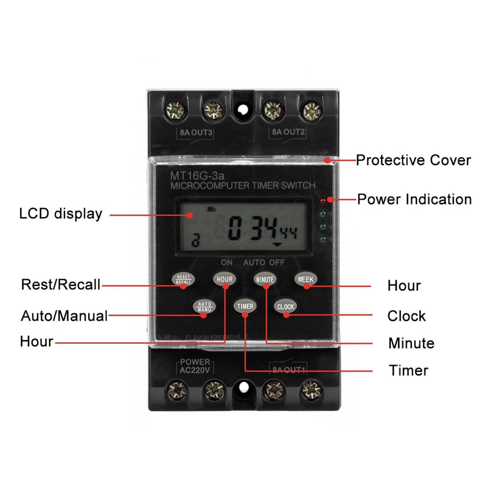 RWRAPS Interruptor Temporizador programable Interruptor de Tiempo electrónico programable AC 220V 25A 1 Minuto a 168 Horas 3 Canales Temporizador automático Digital Montaje en Carril DIN