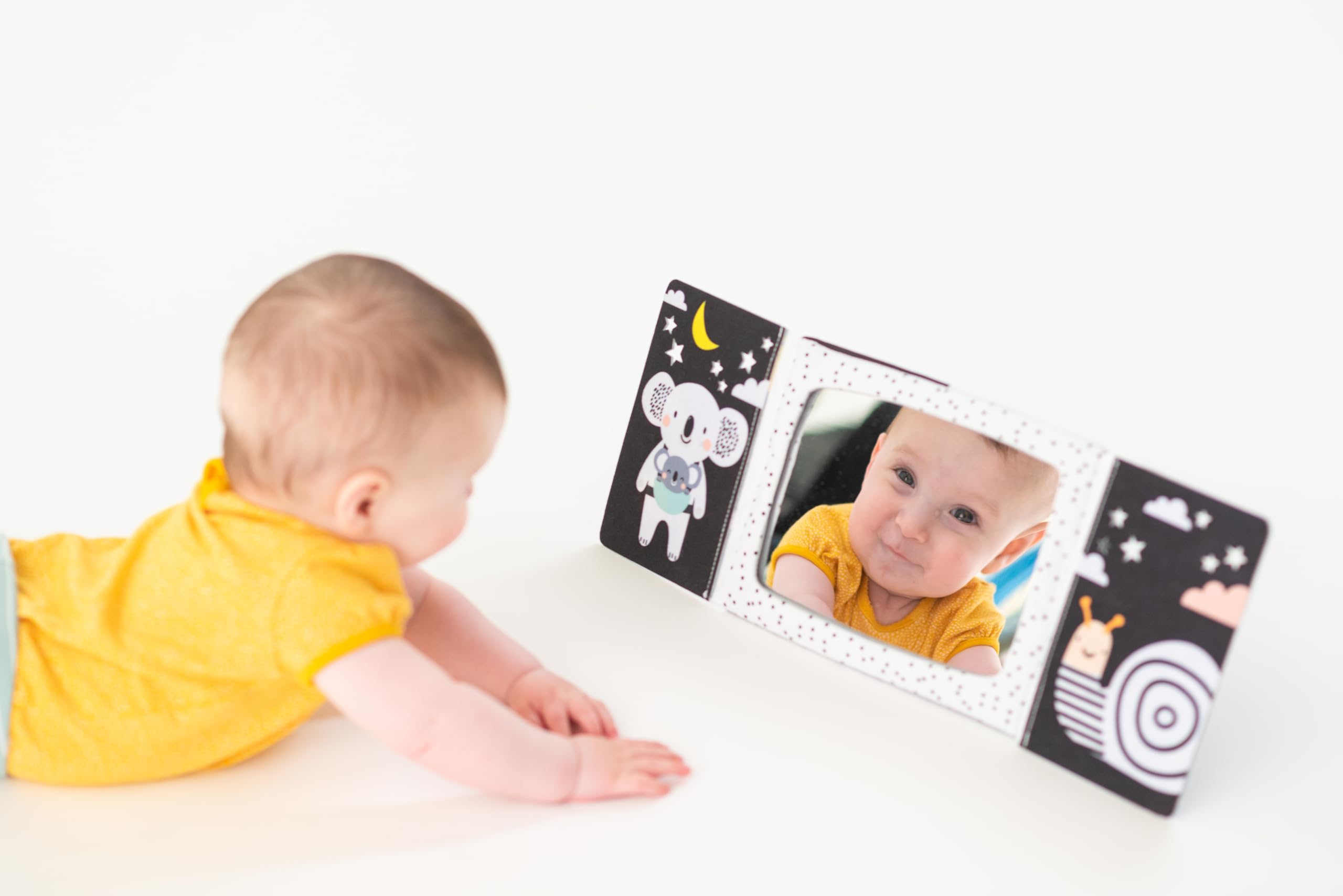 Taf Toys Tummy Time Floor Mirror Book Giocattoli per bambini Attività ad alto contrasto Montessori Neonati Giocattoli, Nero & Bianco Baby Mirror Giocattoli 0 3 6 12 0-3 Mesi Neonato Essenziale per il
