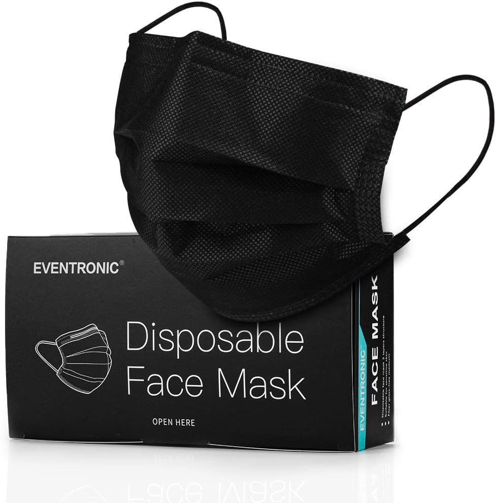 Disposable Face Masks, Eventronic 3 Ply Breathable Face Masks with Comfortable Elastic Ear Loop For Adults Men Women Teens (Black)