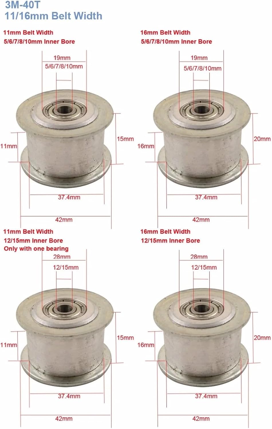 2pcs HTD 3M-40T Idler Pulley 5/6/7/8/10/12/15mm Bore Idle Belt Pulley 11/16mm Belt Width Bearing Wheel(8mm,11mm)