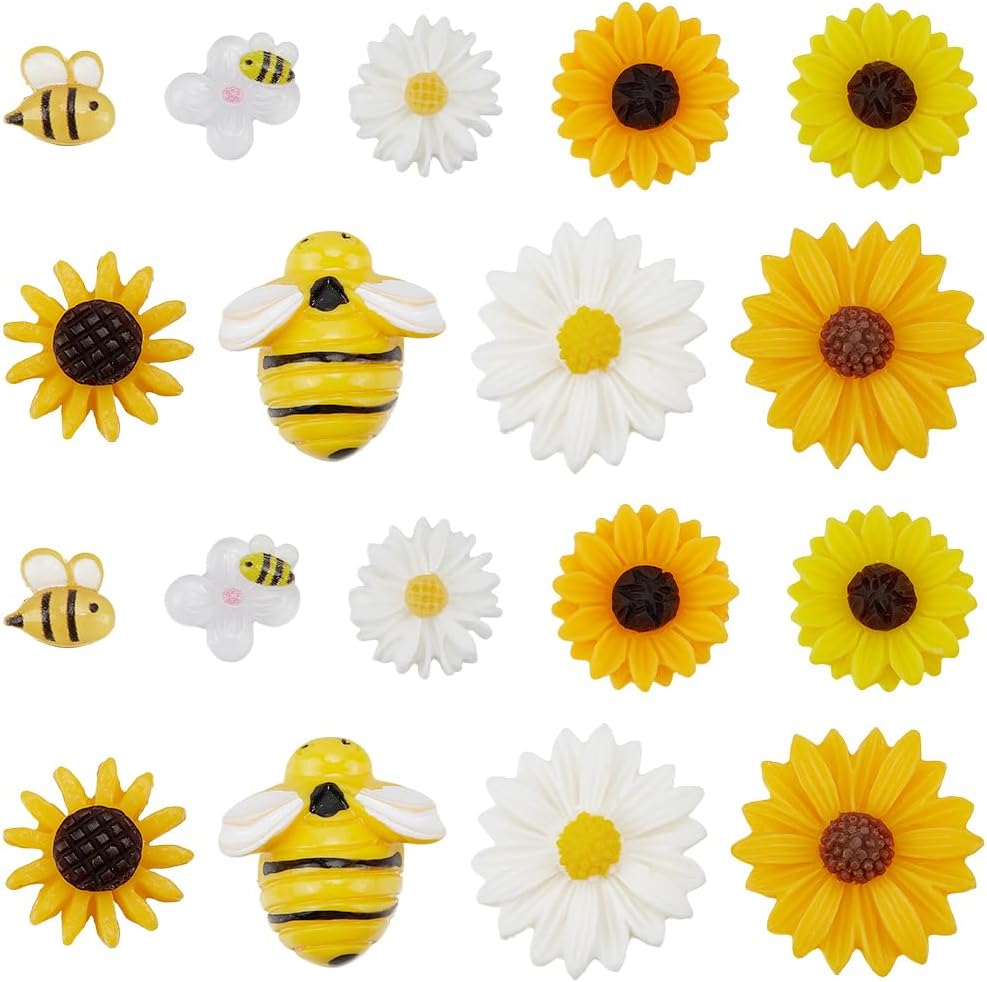 SUNNYCLUE 100Pcs 9 Styles Bee Resin Charms Daisy Flatback Charms Cute Cartoon Bubble Bees Sunflower Flower Flat Back Cabochons for Crafts Scrapbooking Phone Case Boxes Decor Jewelry Making Hair Clips