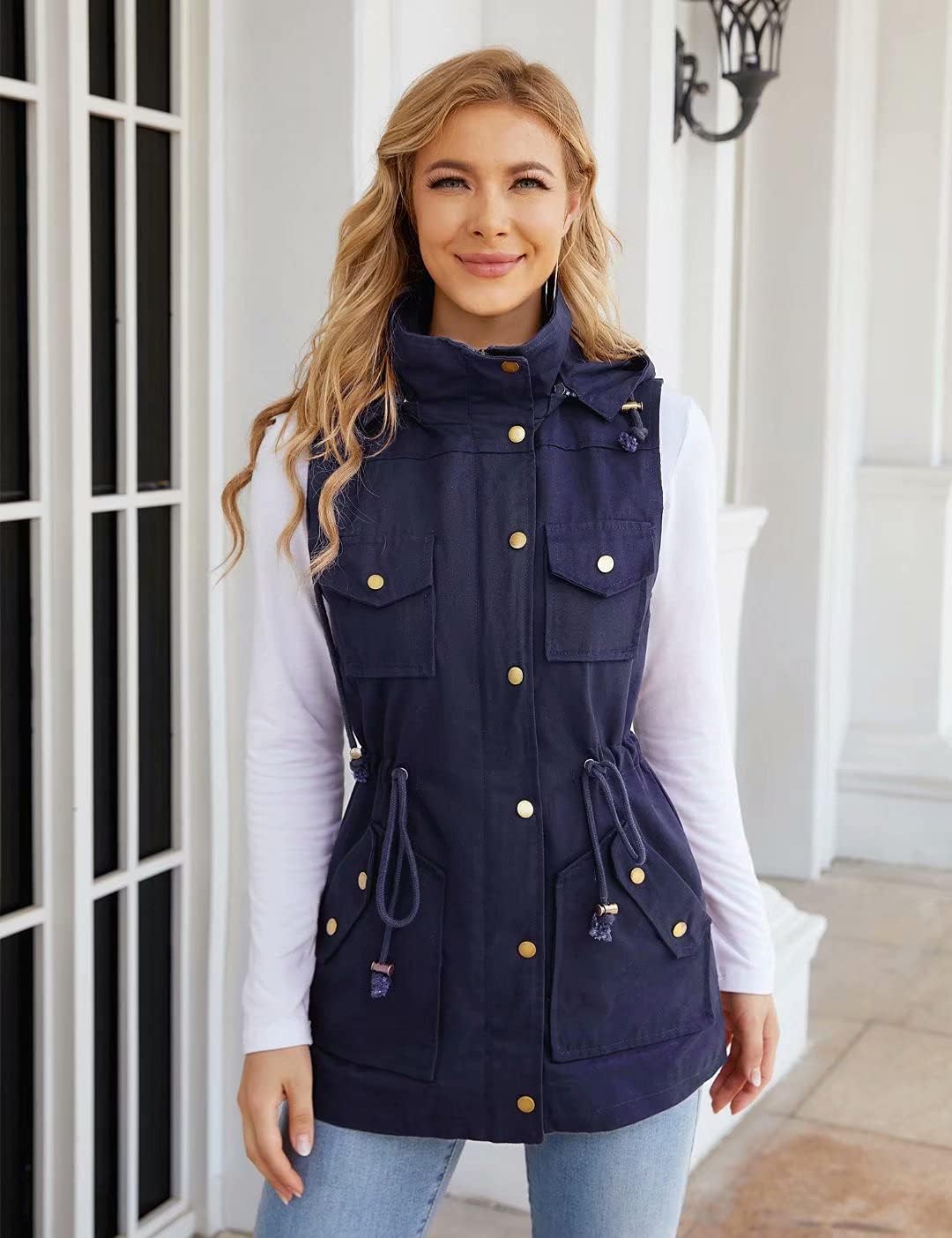 BBX Lephsnt Womens Utility Vest Drawstring Waist Military Sleeveless Jacket - Image 4