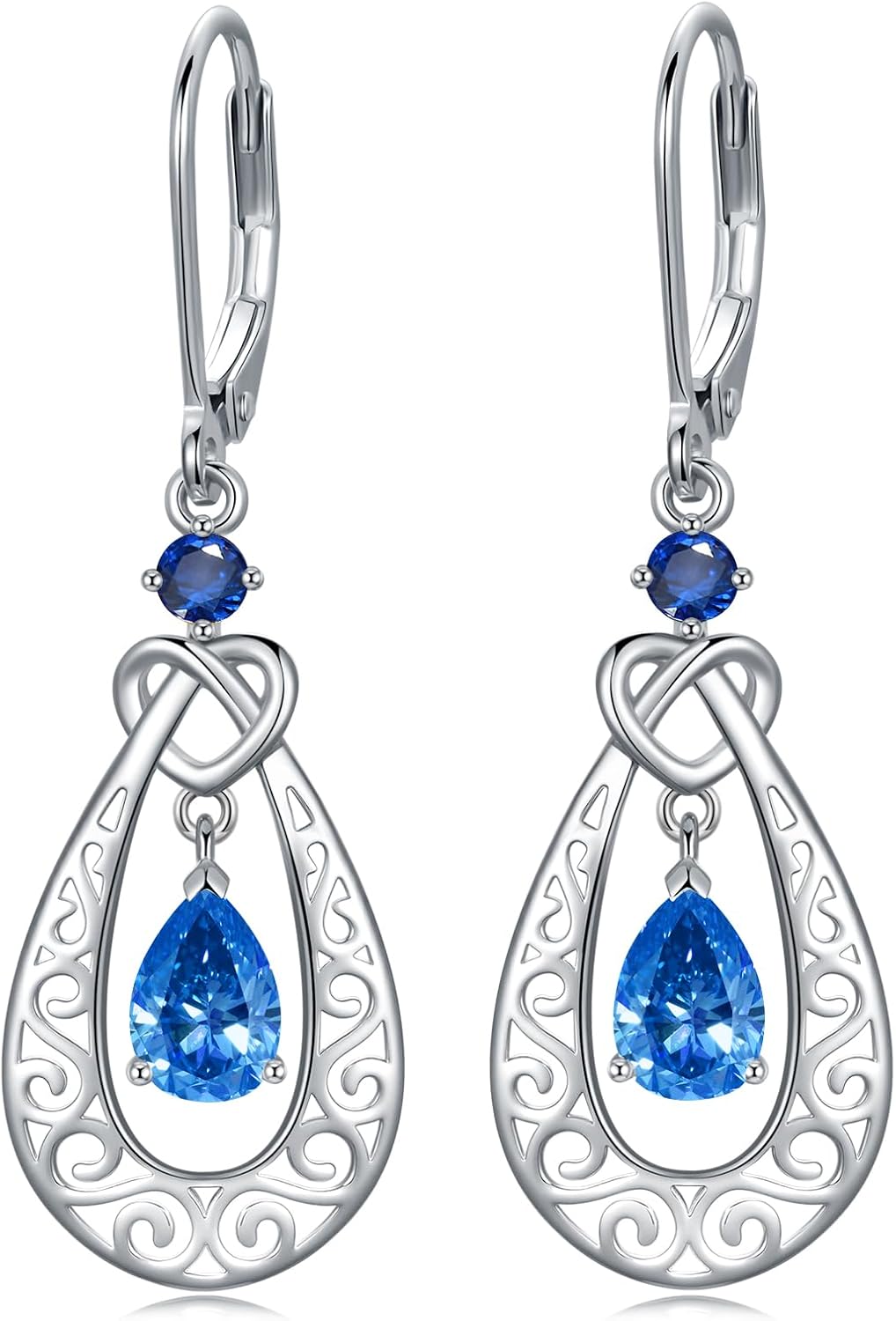 Teardrop Birthstone Dangle Drop Earrings Sterling Silver Infinity Filigree Leverback Earrings, Infinity Love Birthday Anniversary Jewelry Gifts for Her Women Mom Wife