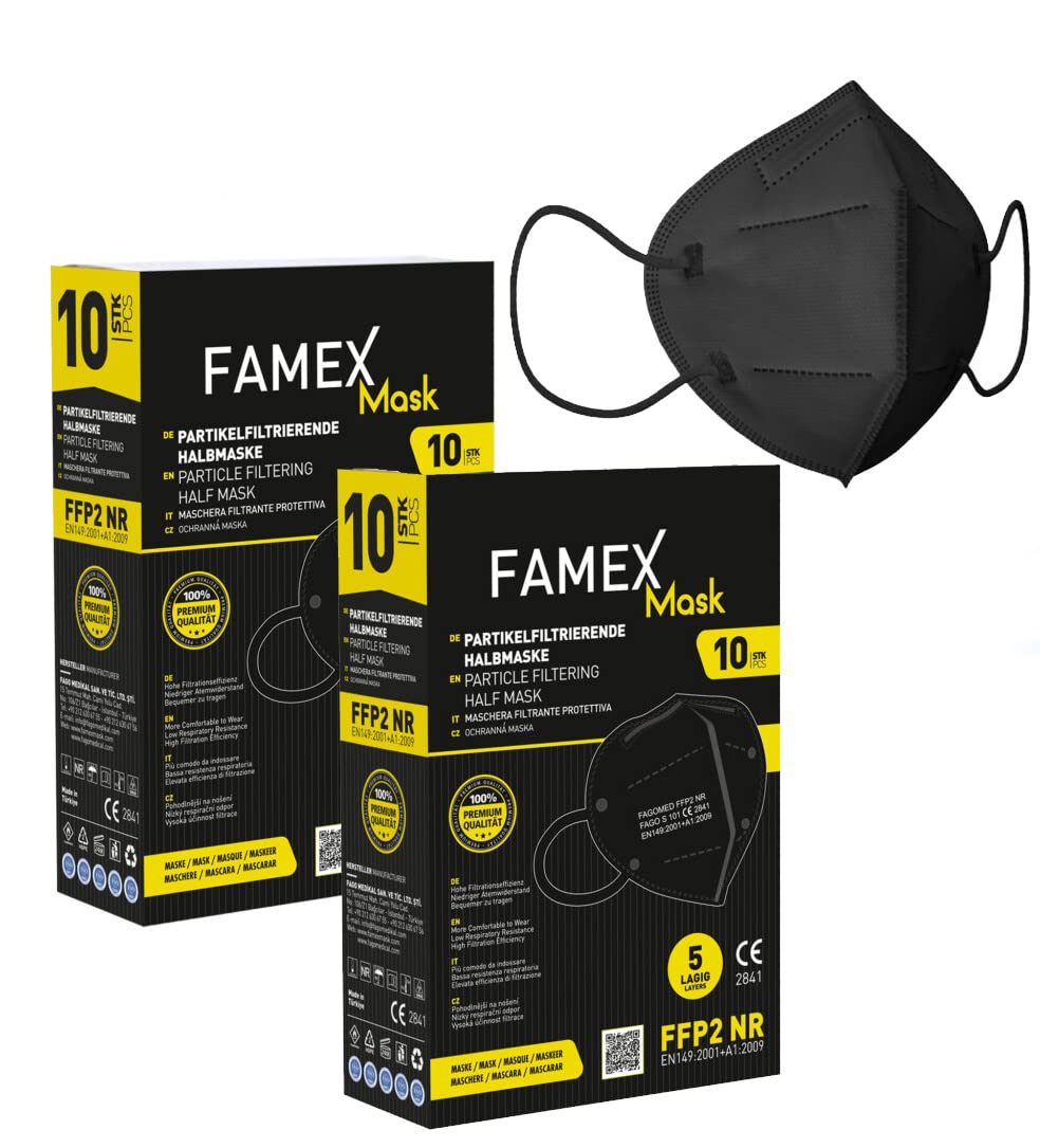 Famex FFP2 Maske Schwarz | 5-lagig | 20 Stück | EU Zertifiziert | mit Fixierbügel | Innen weiß