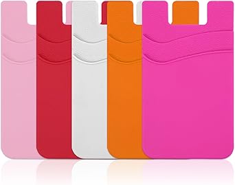Phone Wallet, Credit Card Holder for Cell Phone, Card holder Stick on Case Compatible for iPhone/Android/Samsung Galaxy 5 pack Pink Red White Hot Pink Orange