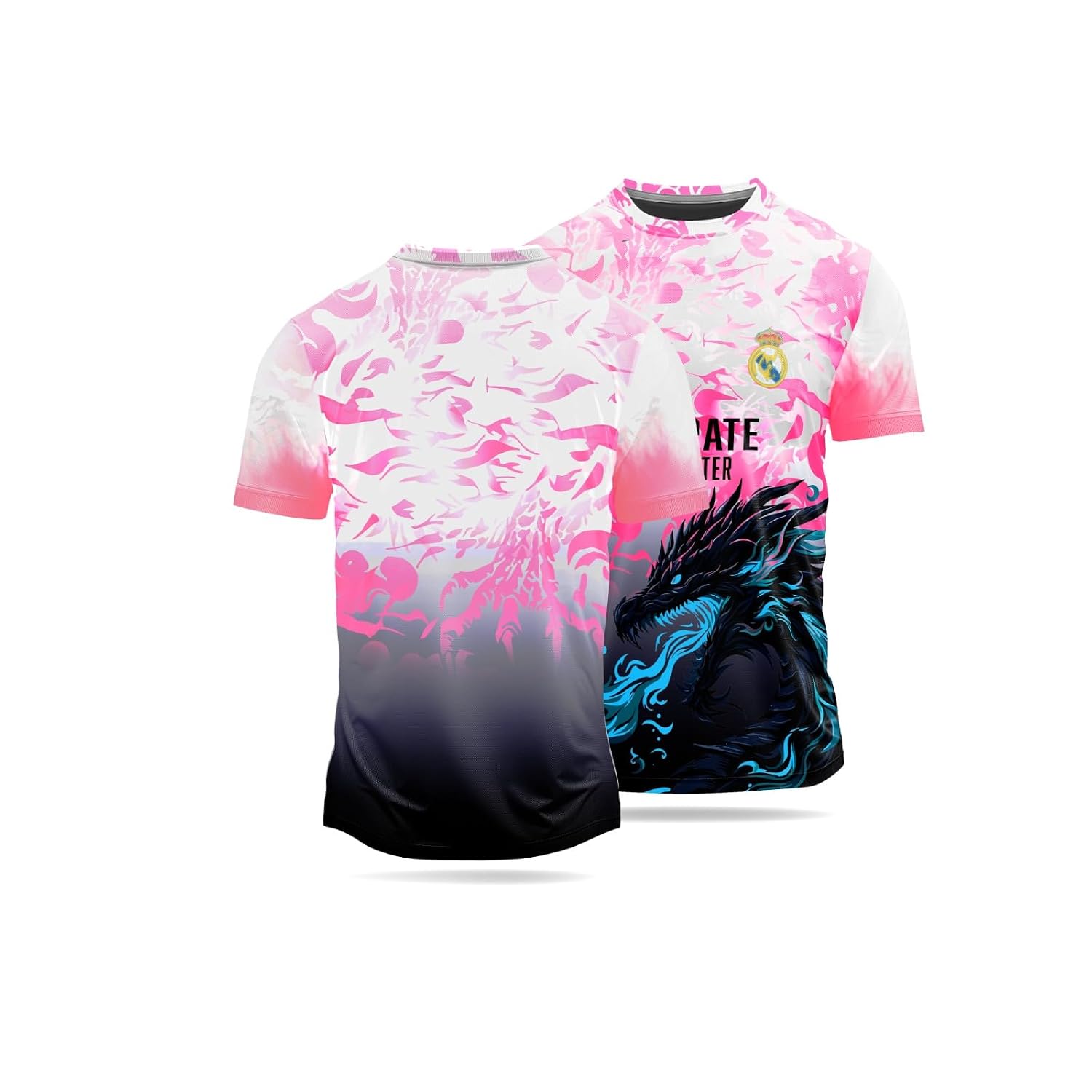 PLAY FUSION Dragon Jersey, White to Black Gradient Design with Turquoise Dragon Graphics, Sports T-Shirt