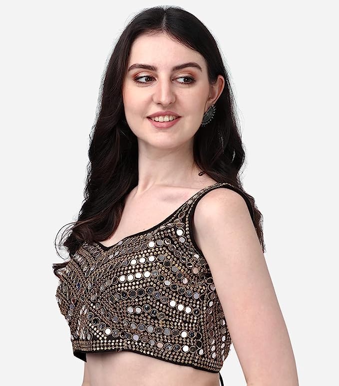 Pujia Mills Women's Multicolor Heavy Phantom Silk Thread Zari And Sequence Work And Real Mirror Hand Work Readymade Saree Blouse (Sleeves Attached Inside) (Kanchi Blouse_Black_38 Size+ Margin)