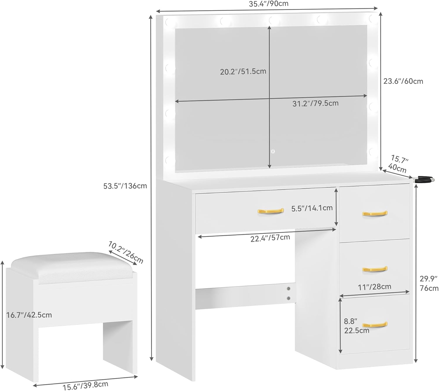 Detailed dimensions diagram of the DWVO Vanity Table and Stool