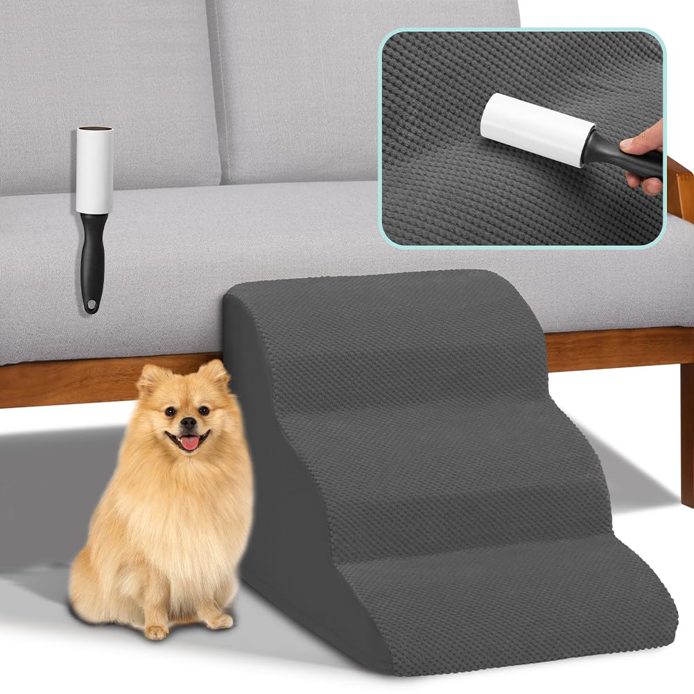 BAKAJI Scala per Animali Domestici con 3 Gradini e Rullo Rimuovipeli, Rivestimento Sfoderabile in Tessuto a Coste, Rampa per Gatti e Cani Anziani, Scaletta Imbottitura Schiuma Alta Densità (Grigio)