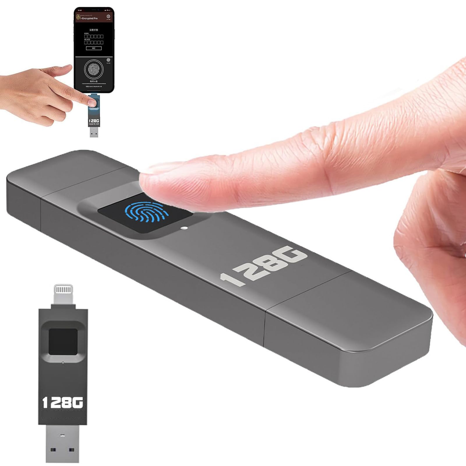 Memoria Usb Cifrada Con Huella Dactilar, Velocidad De Transferencia De 10 A 29 M/S, Admite 60 Huellas Dactilares, Puerto Ligh-tning + Usb, Para Tabletas, Ordenadores Y TeléFonos MóViles. 128GB