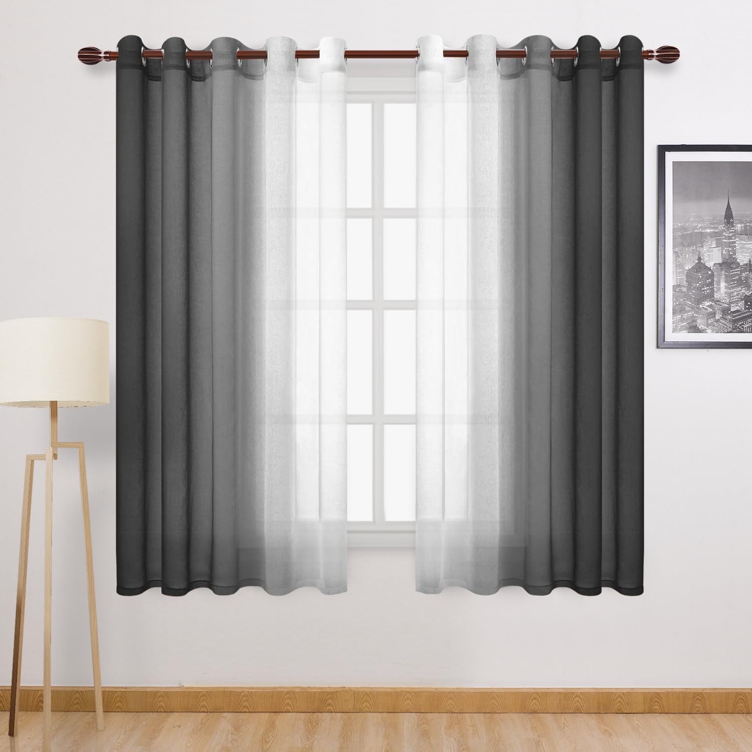 DWCN Black Ombre Faux Linen Sheer Curtains - Extra Wide Gradient Semi Voile Light Filtering Grommet Top Bedroom and Living Room Curtains, 60 x 63 Inches Long, Set of 2 Window Curtain Panels