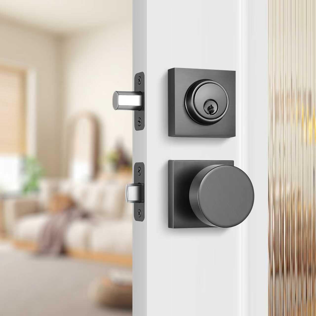 Leydebong 1 Pack Entry Door Knob and Single Cylinder Deadbolt Combo Set, Keyed Alike Matte Stone Grey Exterior Door Knobs with Lock and Keys for Entrance and Front Door