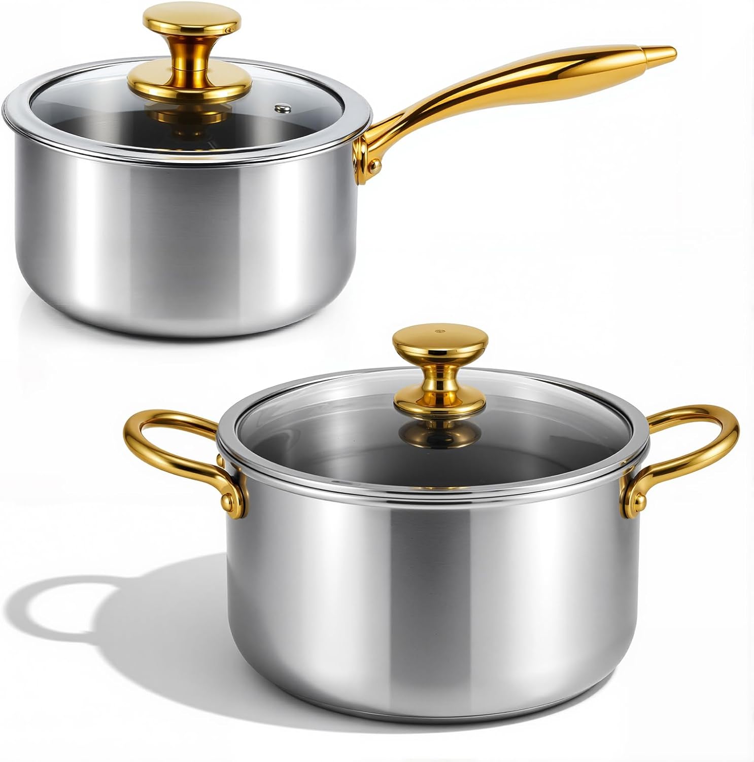 LemonRoad 2 Pieces Titanium Cookware Set, 7.68'' and 9.45'' Pots and Pans with Lids Triply Titanium No Coat Technology Safe for Oven, Induction and Cook Tops, Dishwasher Safe (Saucepans)