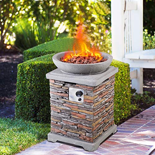 20" Outdoor Propane Fire Pit Table, 40,000 Btu Patio Gas Heater Column With Realistic Faux Ledgestone Panel, Red Lava Rocks, And Waterproof Cover #TOP3