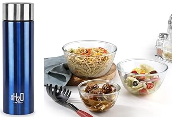 Cello Ornella Toughened Glass Mixing Bowl Without Lid Set of 3 (500ml, 1000ml, 1500ml, Transparent) H2O Water Bottle, 1 Litre, Blue