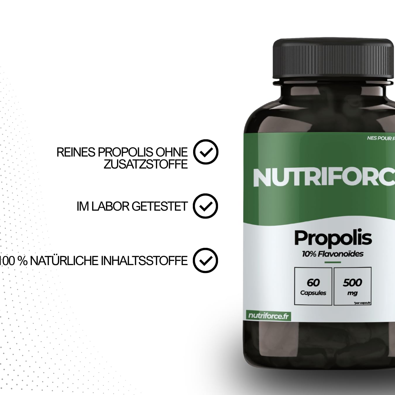 Propolis Pur 500mg – Haut, Halsschmerzen, Magengesundheit & Kopfhaut – Natürliches Antibiotikum der Bienen – 100% Vegan – 60 Kapseln (1-2 Monate) – Frankreich