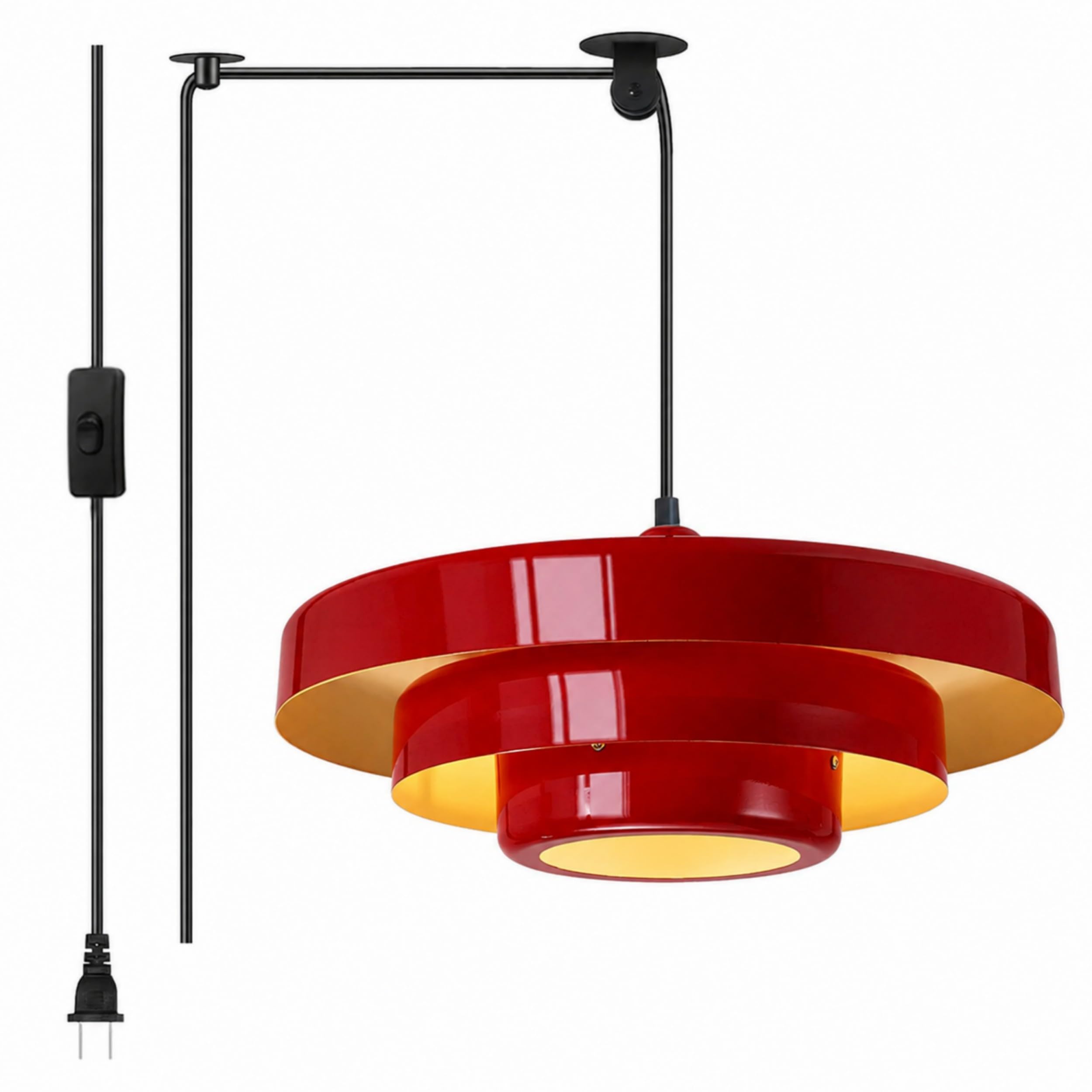 Hanging Light Plug in Pendant Light Red Mid Century Modern Pendant Lamp with Metal Shade Plug in Chandelier with Pulley Nordic Style Hanging Lamp Pendant Lighting for Dining Room Bedroom Living Room