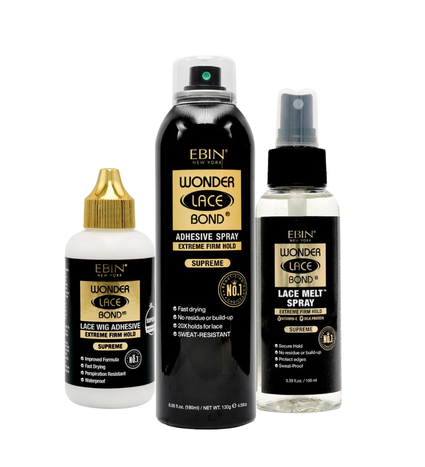 Lace Glue Waterproof Adhesive Supreme 3.04oz, Wig Adhesive Spray Supreme 180ml & Lace Melt Spray-Supreme 100ml by EBIN NEW YORK – Wig Glue for Seamless Laced Front Wigs – Gift Set (3 Items)