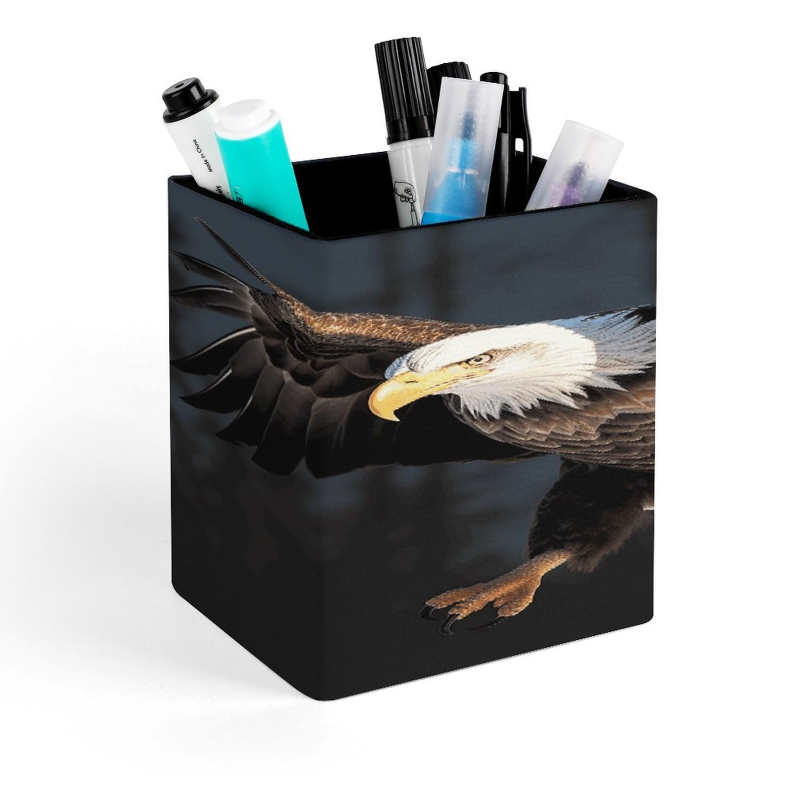 FekiLoot 3D Bald Eagle Pencil Holder for Desk Square Leather Pen Holder Cup Desktop Organizer Multi-Functional Pencil Cup Holders Modern Decorative Desk Organizer Caddy Makeup Brush Holders