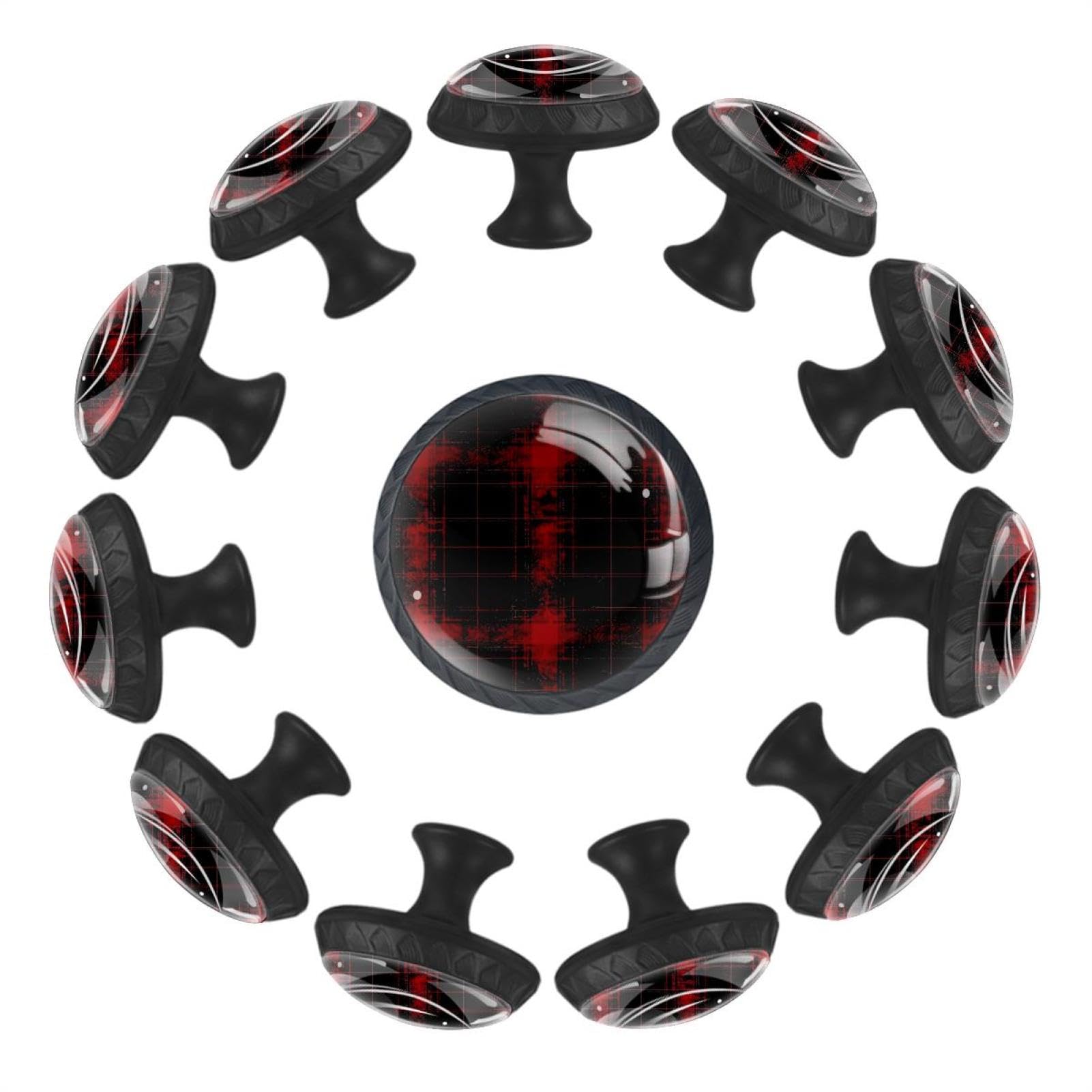 Boutons de tiroir ronds lot de 12 poignées verre cristal carreaux noirs et rouges