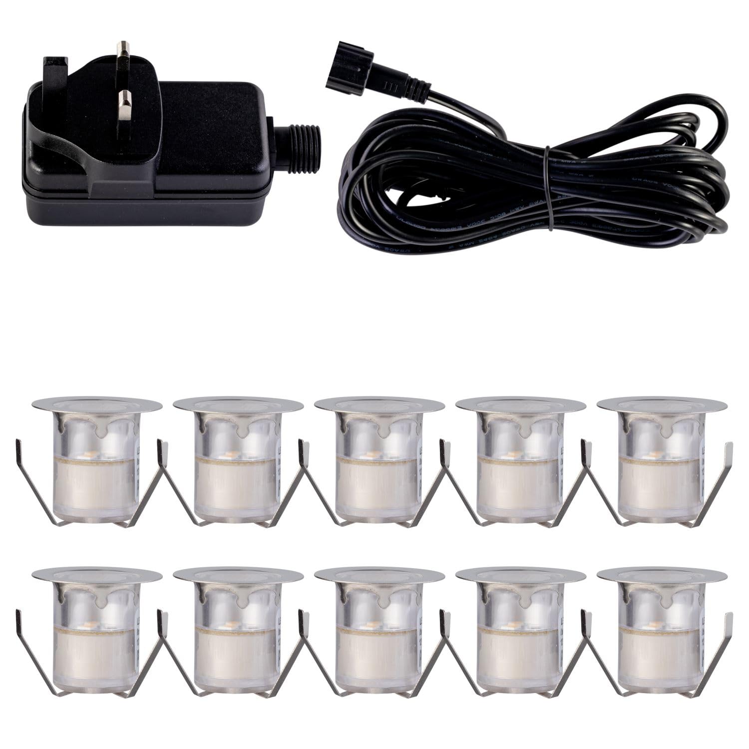 Firstchoicelighting Chrome & Clear Set Of 10-30Mm Led Decking Plinth Ground Light Kit, Stainless Steel, Warm White 3000K, Ip67 Waterproof Recessed Outdoor Garden Bathroom Kitchen