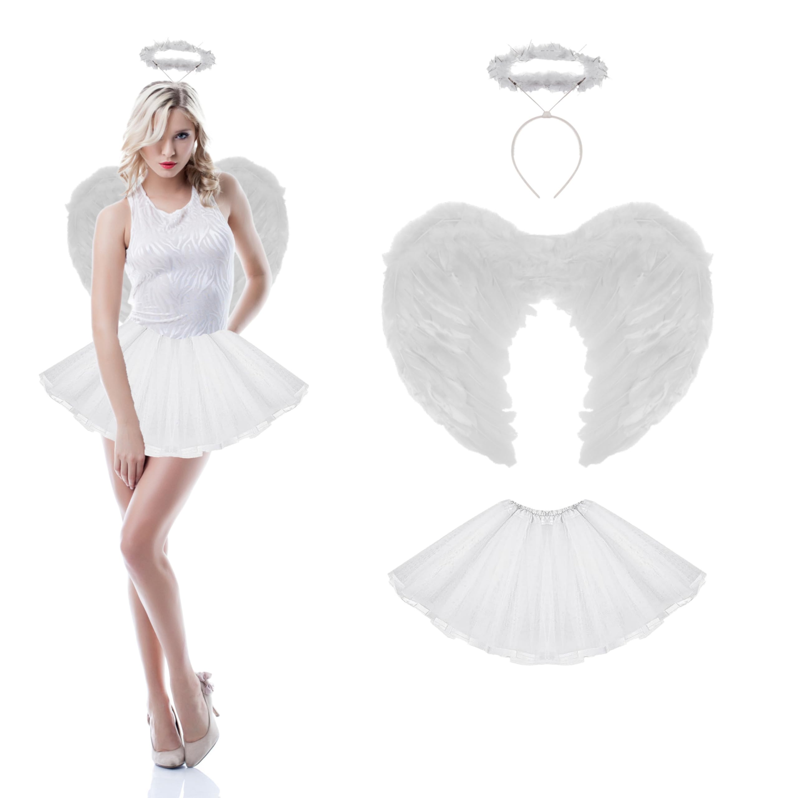 Lizzy Adult Fairy Angel Costume Includes Halo, Feather Wings, Girls Ladies Short & Sexy Tutu Skirt | Women's Halloween Christmas Fancy dress Costume Accessories