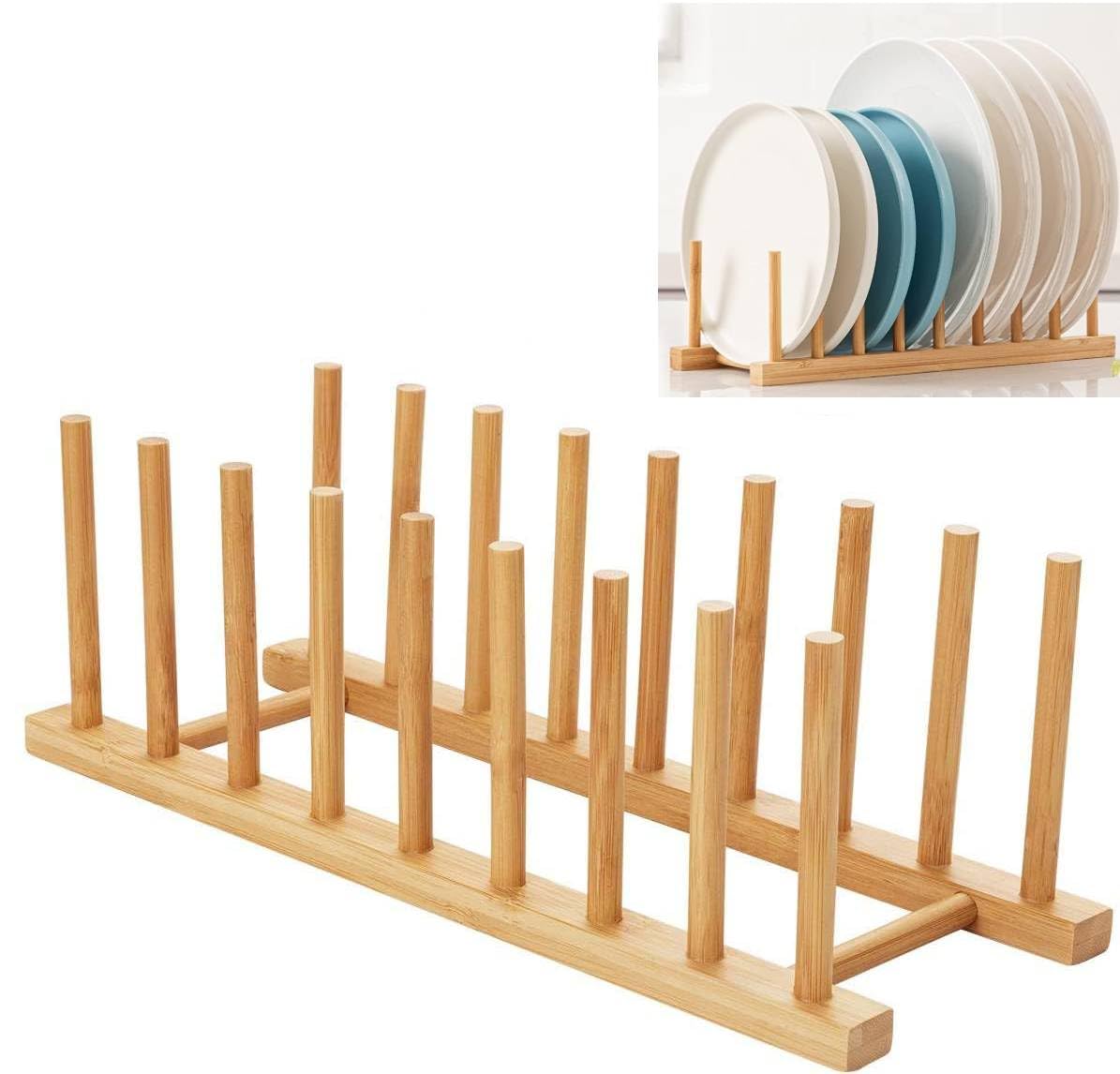 ECVV Bamboo Wooden Plate Racks 8 slots for plates Dish Stand Holder Kitchen Storage Cabinet Organizer for Dish/Plate/Bowl/Cup/Pot Lid/Cutting Board