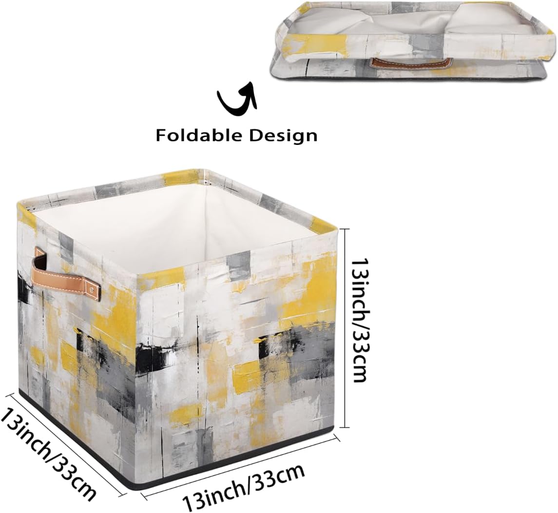 Cube Storage Bins for Shelves, Art Painting Yellow Gray Black Decorative Fabric Organizer Box with Handles for Living Room, Dorm Room, Classroom, 13x13x13 inch