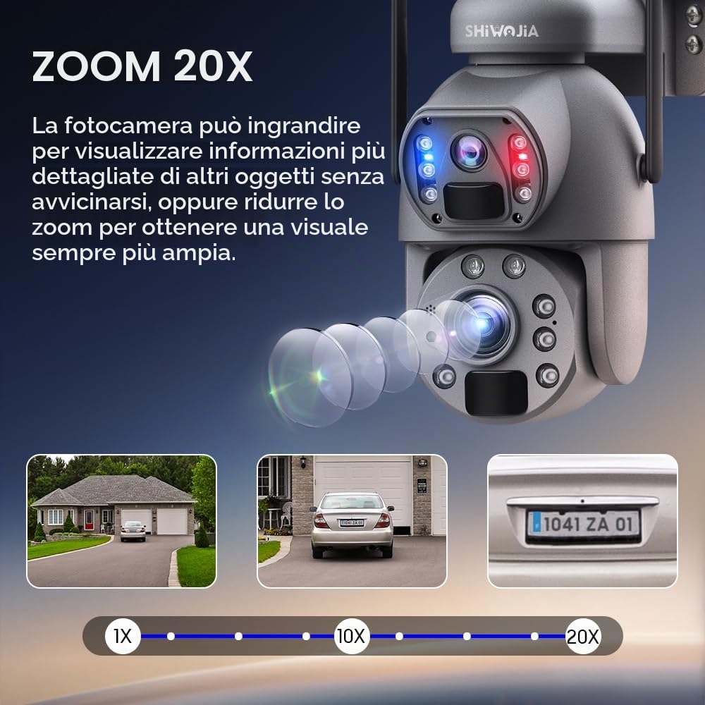 SHIWOJIA Camera doppia lente esterna solare 4g, zoom 20x, 2K 6MP Camera esterna senza fili solare, visione notturna colore, rilevamento umano PIR, IP66
